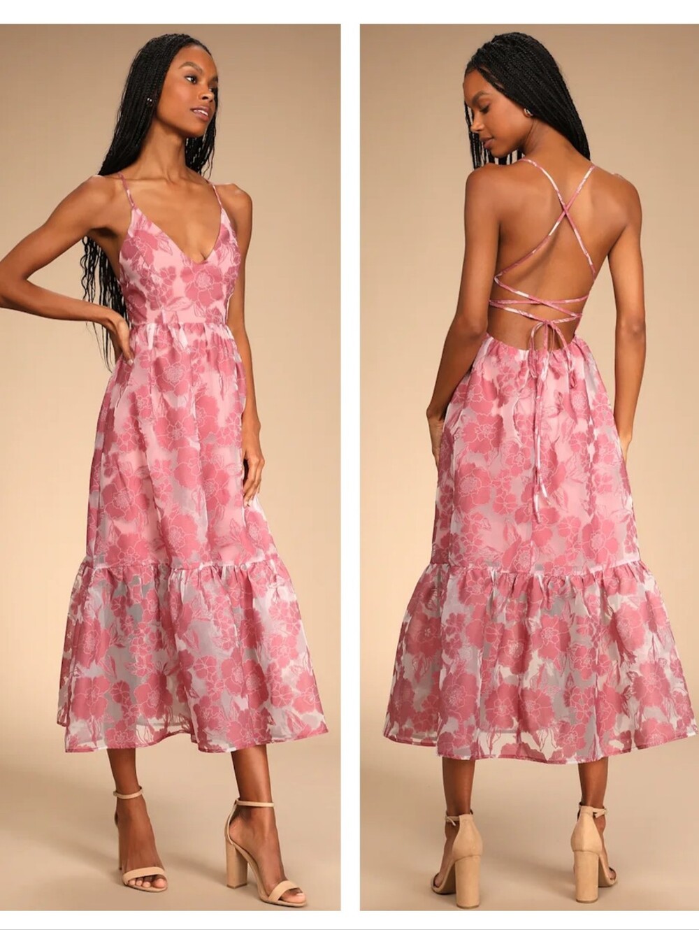 Lulus Feeling Like Forever Rose Jacquard Organza Lace-Up Midi Dress Small